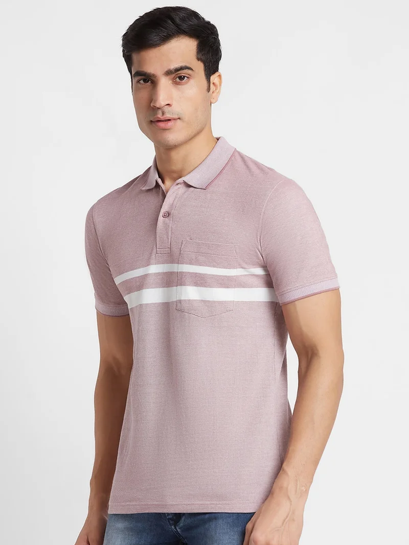 جلو باص تيشيرت بولو رجالي قطن بقصة عادية مخطط باللون السلموني